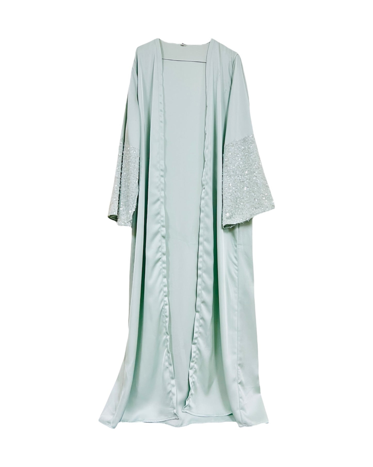 Mizaa Turquoise Green Satin Three Piece Abaya Set