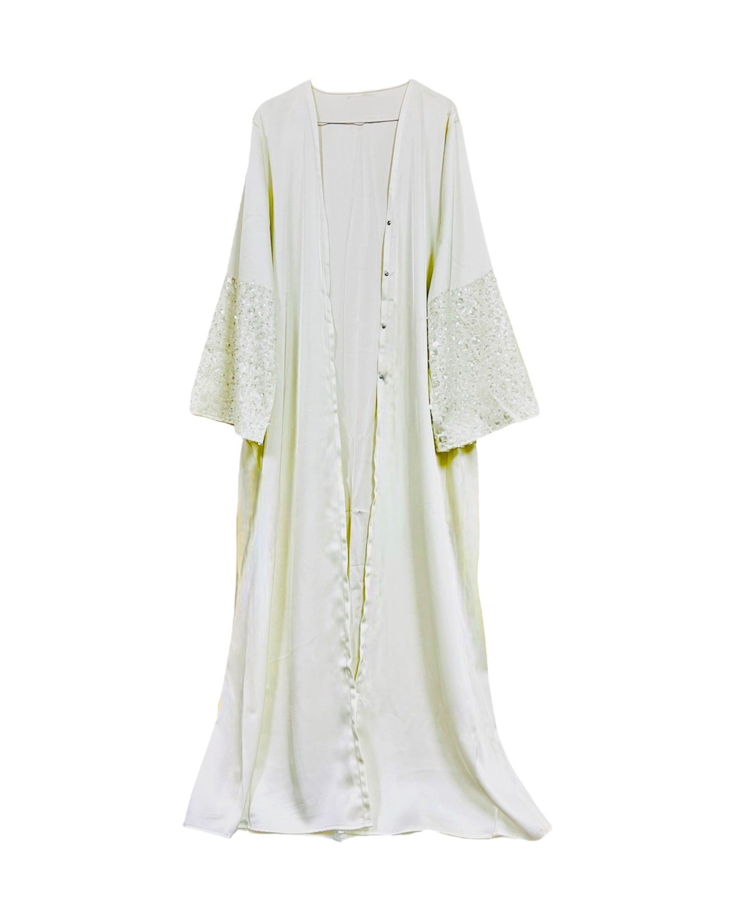 Mizaa Off White Satin Three Piece Abaya Set