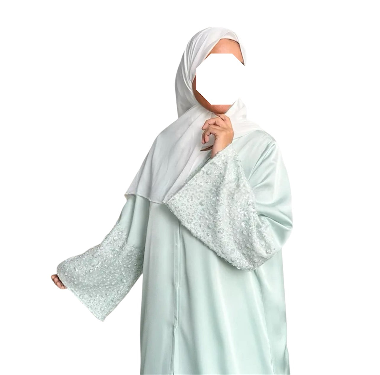 Mizaa Turquoise Green Satin Three Piece Abaya Set