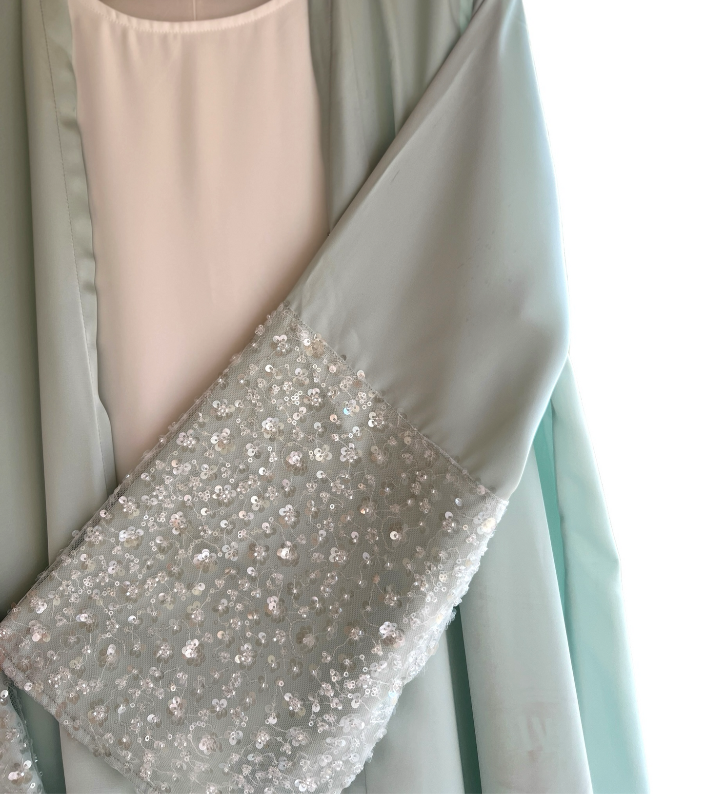 Mizaa Turquoise Green Satin Three Piece Abaya Set