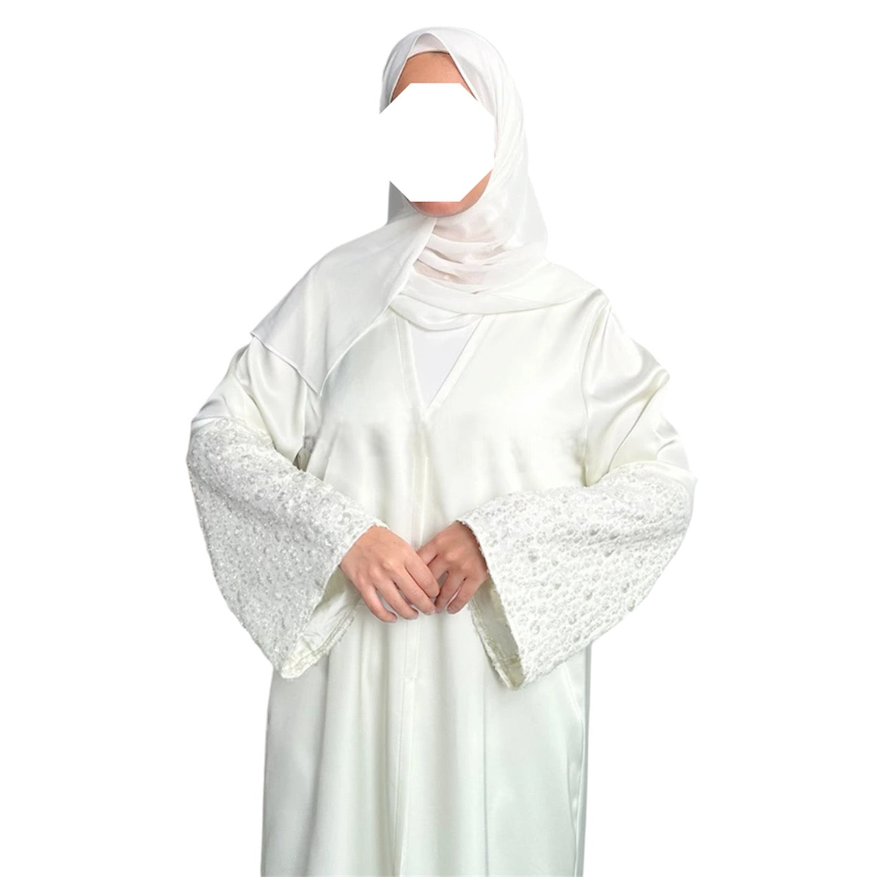 Mizaa Off White Satin Three Piece Abaya Set