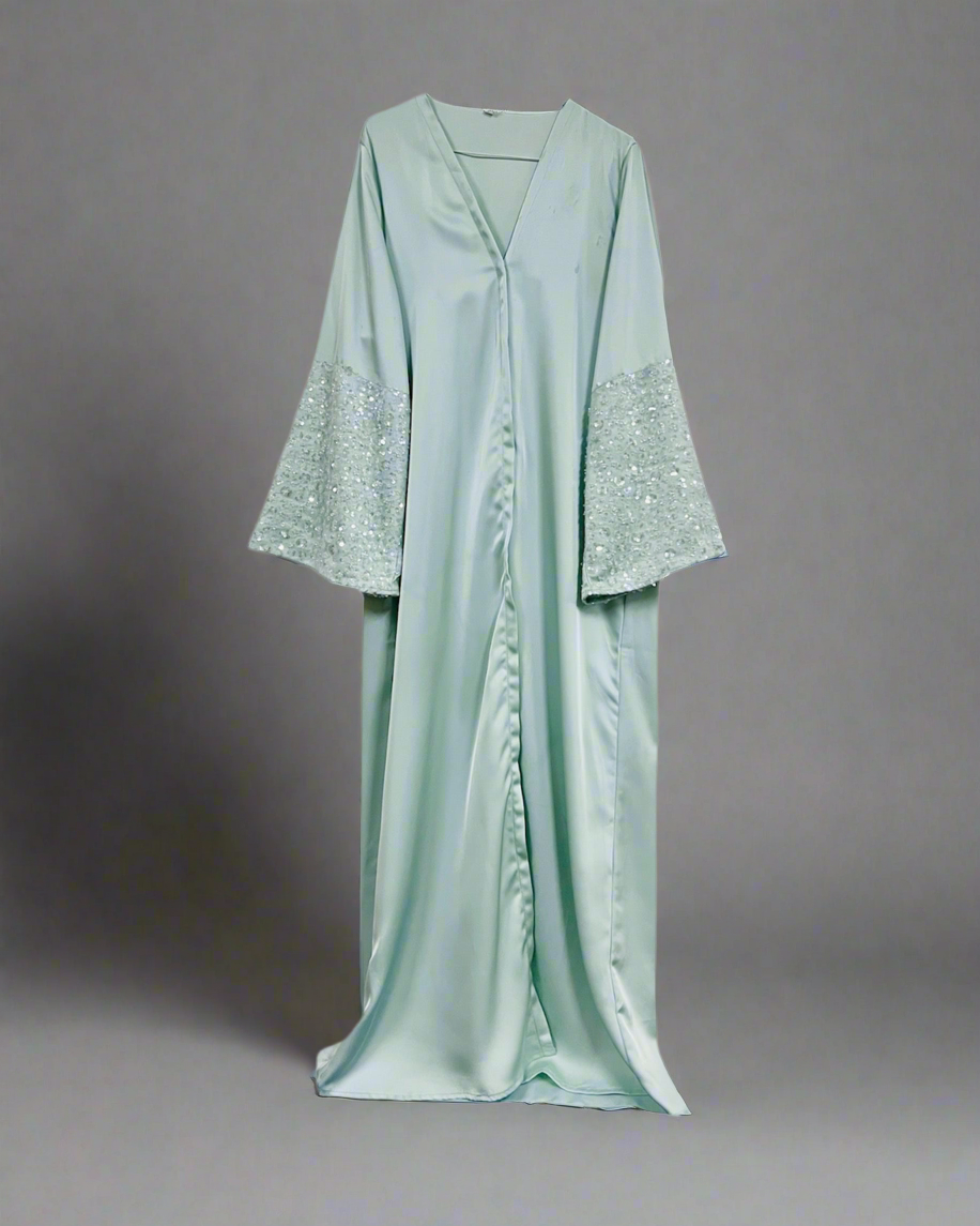 Mizaa Turquoise Green Satin Three Piece Abaya Set