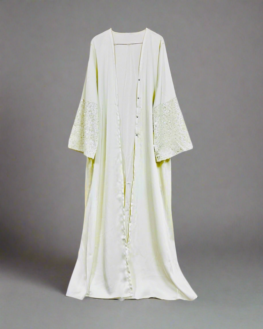 Mizaa Off White Satin Three Piece Abaya Set