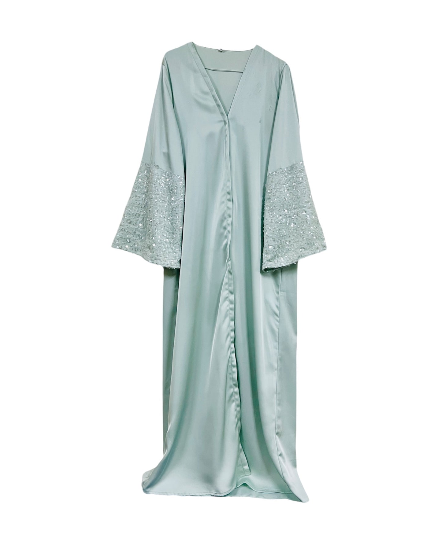 Mizaa Turquoise Green Satin Three Piece Abaya Set